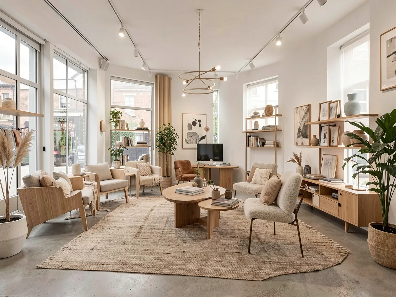 Koselig skandinavisk stue med myke tekstiler